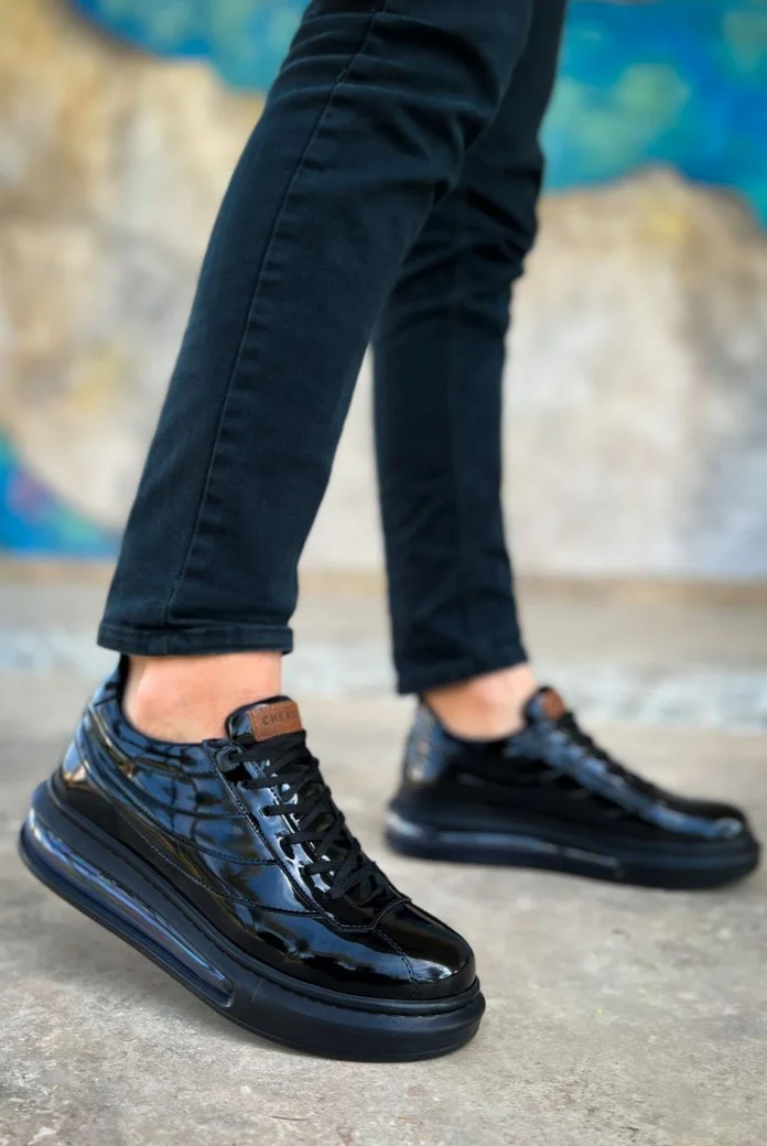 CH171 Ariaso Erkek Günlük Bağcıklı Desenli Rugan Spor Sneaker Ayakkabı RST - Siyah