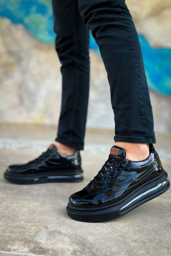 CH171 Ariaso Erkek Günlük Bağcıklı Desenli Rugan Spor Sneaker Ayakkabı RST - Siyah