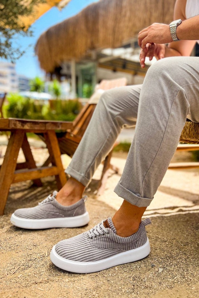 CH173 Velluto Erkek Günlük Bağcıklı Kadife Kumaş Spor Sneaker Ayakkabı KKBT - Antrasit
