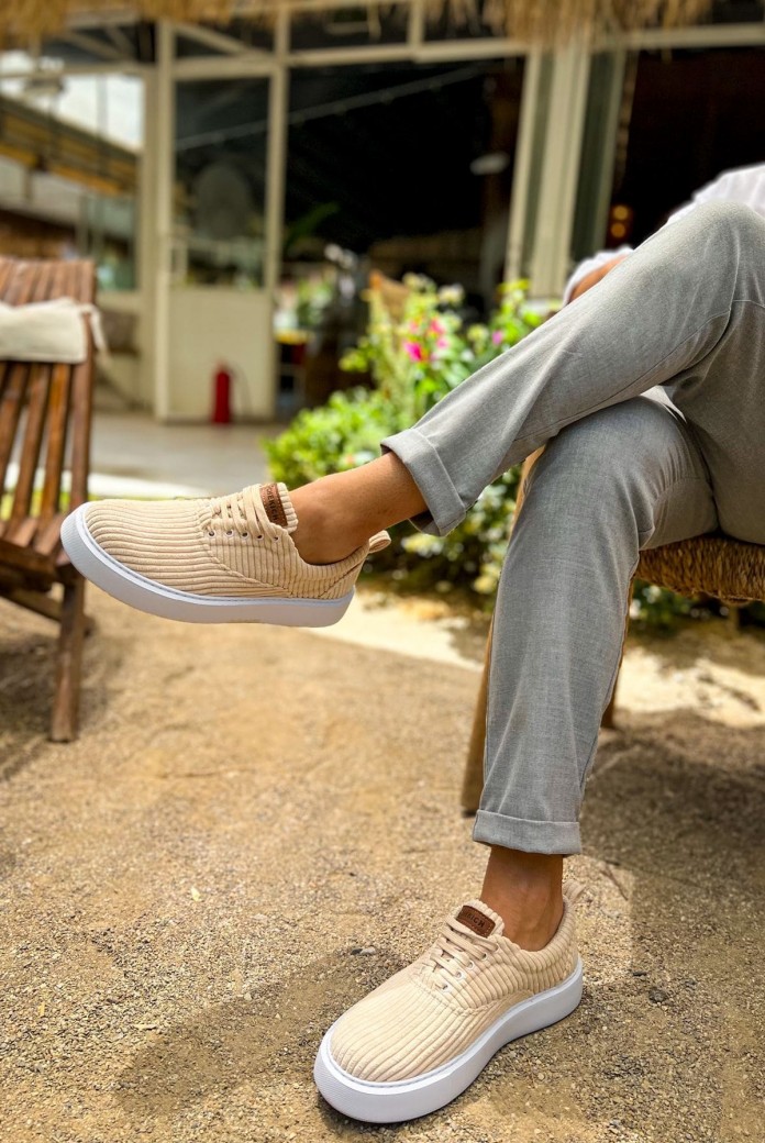 CH173 Velluto Erkek Günlük Bağcıklı Kadife Kumaş Spor Sneaker Ayakkabı KKBT - Bej