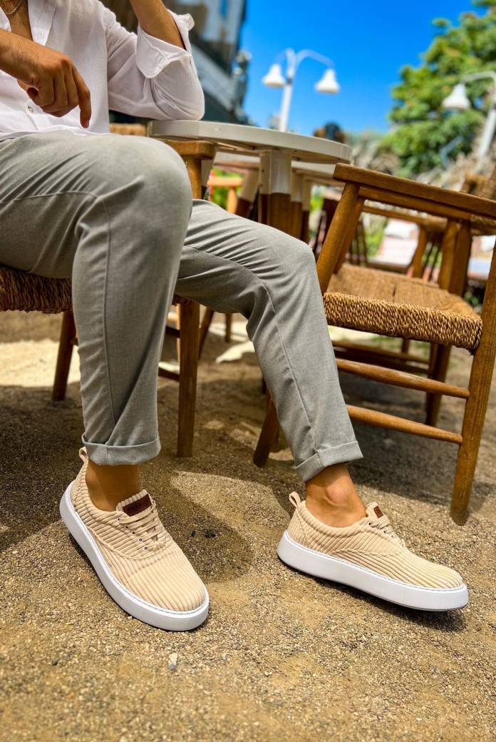 CH173 Velluto Erkek Günlük Bağcıklı Kadife Kumaş Spor Sneaker Ayakkabı KKBT - Bej