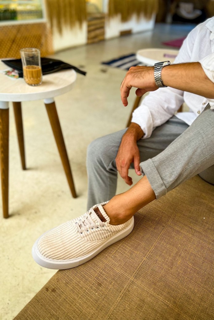 CH173 Velluto Erkek Günlük Bağcıklı Kadife Kumaş Spor Sneaker Ayakkabı KKBT - Beyaz