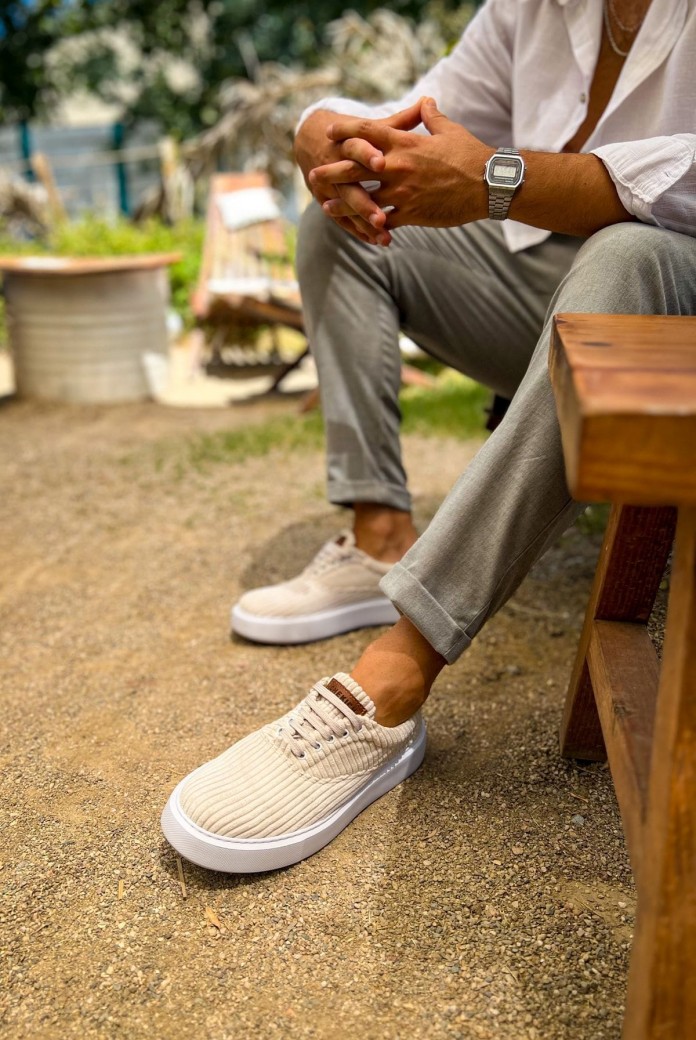 CH173 Velluto Erkek Günlük Bağcıklı Kadife Kumaş Spor Sneaker Ayakkabı KKBT - Beyaz