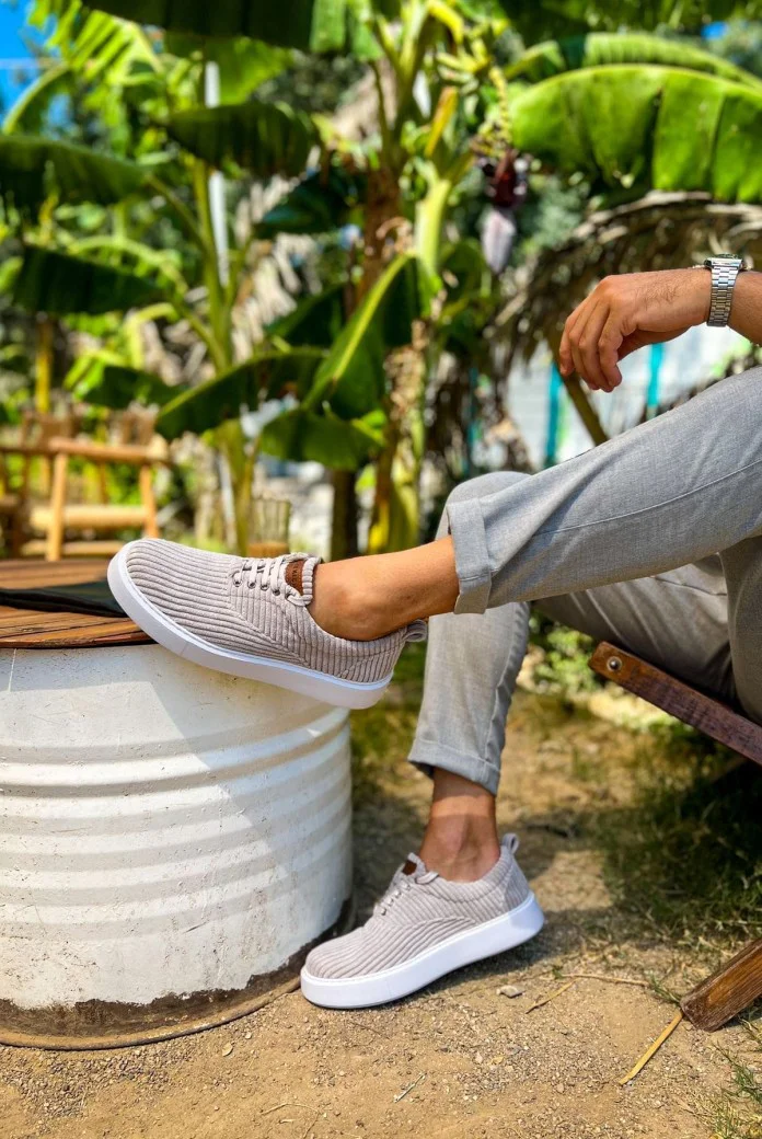 CH173 Velluto Erkek Günlük Bağcıklı Kadife Kumaş Spor Sneaker Ayakkabı KKBT - Gri