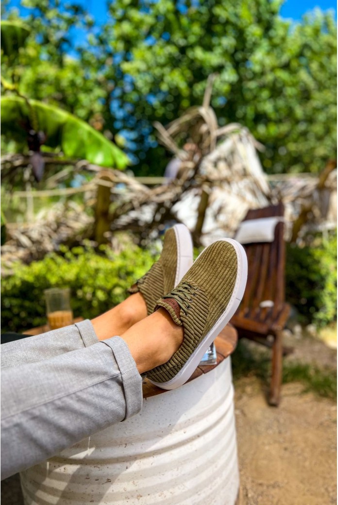 CH173 Velluto Erkek Günlük Bağcıklı Kadife Kumaş Spor Sneaker Ayakkabı KKBT - Haki