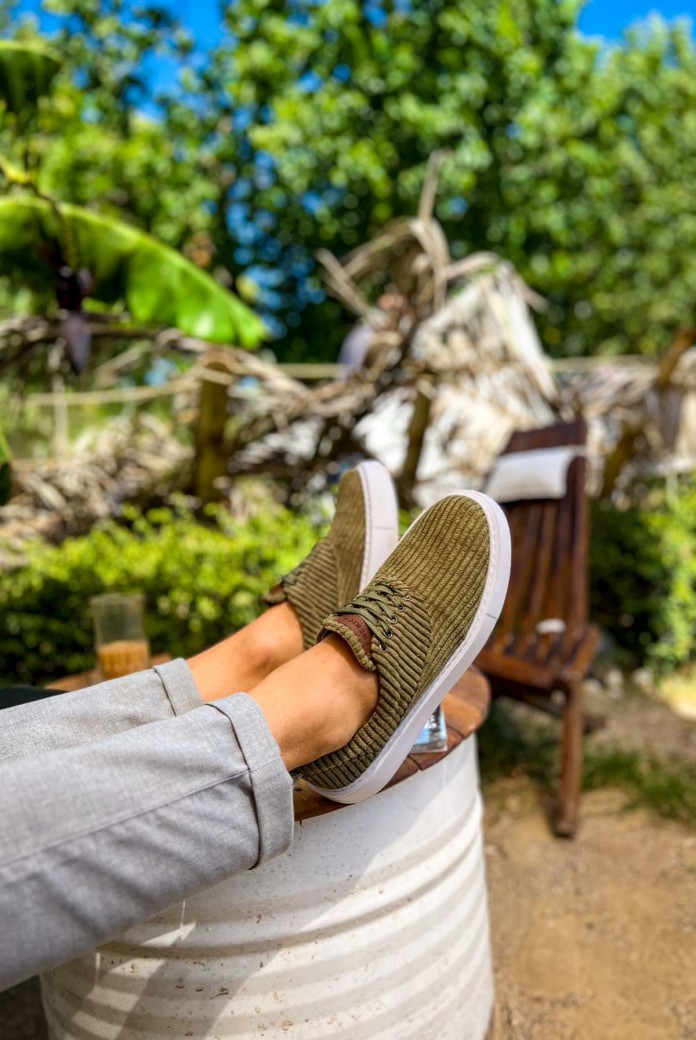 CH173 Velluto Erkek Günlük Bağcıklı Kadife Kumaş Spor Sneaker Ayakkabı KKBT - Haki