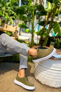 CH173 Velluto Erkek Günlük Bağcıklı Kadife Kumaş Spor Sneaker Ayakkabı KKBT - Haki