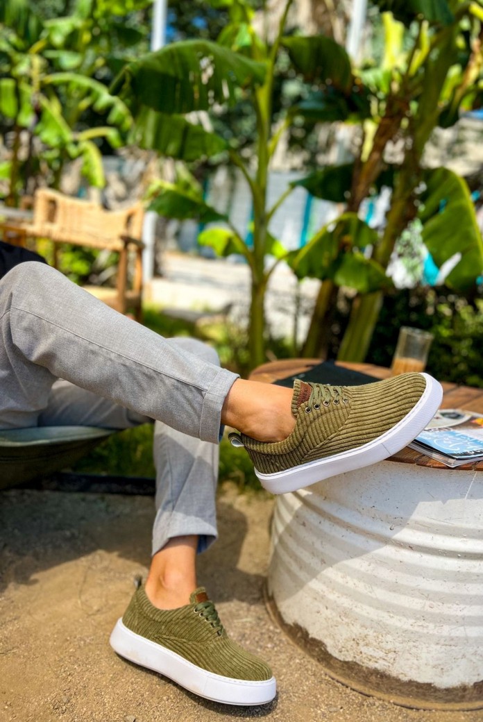 CH173 Velluto Erkek Günlük Bağcıklı Kadife Kumaş Spor Sneaker Ayakkabı KKBT - Haki