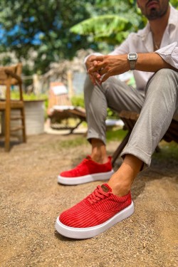 CH173 Velluto Erkek Günlük Bağcıklı Kadife Kumaş Spor Sneaker Ayakkabı KKBT - Kırmızı