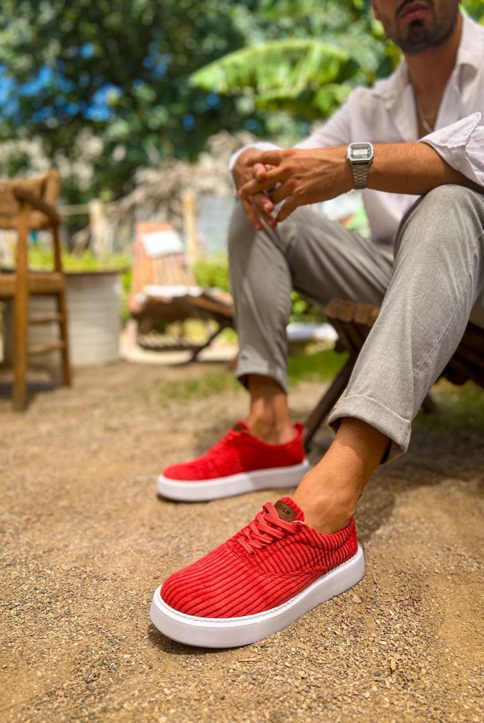 CH173 Velluto Erkek Günlük Bağcıklı Kadife Kumaş Spor Sneaker Ayakkabı KKBT - Kırmızı