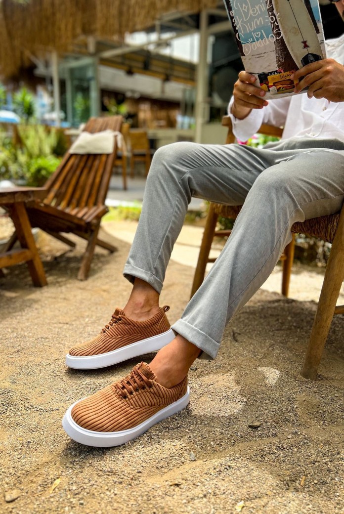 CH173 Velluto Erkek Günlük Bağcıklı Kadife Kumaş Spor Sneaker Ayakkabı KKBT - Taba