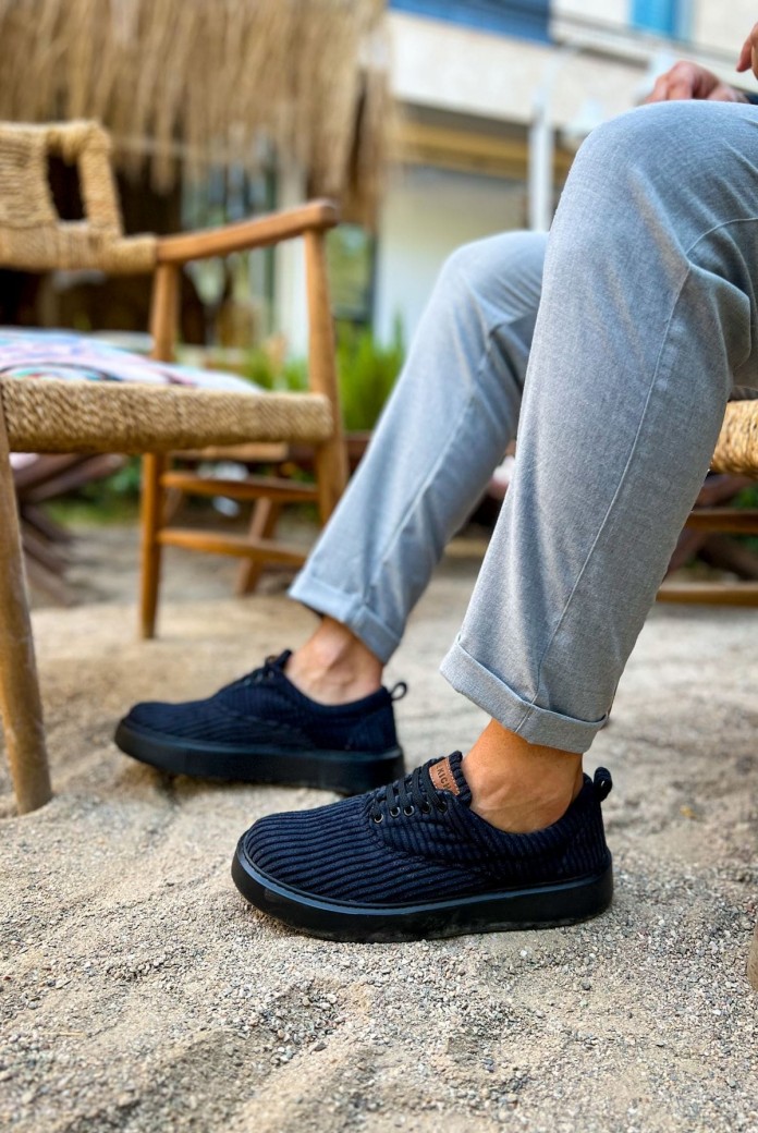 CH173 Velluto Erkek Günlük Bağcıklı Kadife Kumaş Spor Sneaker Ayakkabı KKST - Siyah
