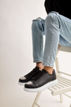 CH175 Mirror Erkek Günlük Bağcıklı Cilt Spor Sneaker Ayakkabı CBT - Siyah