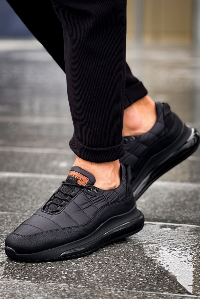 CH179 Sporty Runner Erkek Günlük Bağcıklı Cilt Paraşüt Kumaş Spor Sneaker Ayakkabı CPKST - Siyah