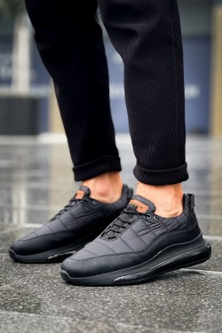 CH179 Sporty Runner Erkek Günlük Bağcıklı Cilt Paraşüt Kumaş Spor Sneaker Ayakkabı CPKST - Siyah