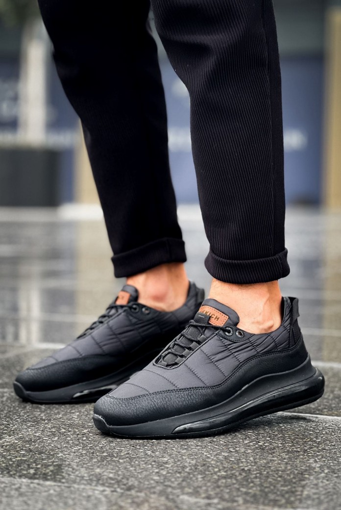 CH179 Sporty Runner Erkek Günlük Bağcıklı Cilt Paraşüt Kumaş Spor Sneaker Ayakkabı CPKST - Siyah