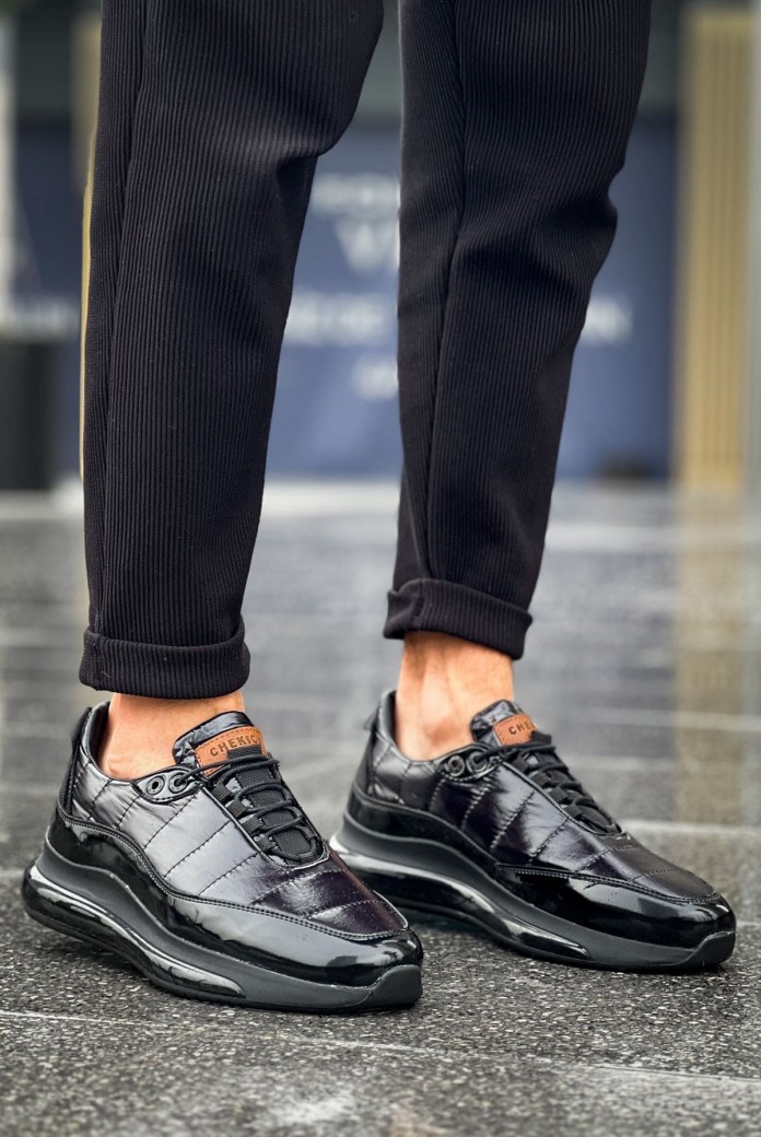 CH179 Sporty Runner Erkek Günlük Bağcıklı Rugan Paraşüt Kumaş Spor Sneaker Ayakkabı RPKST - Siyah