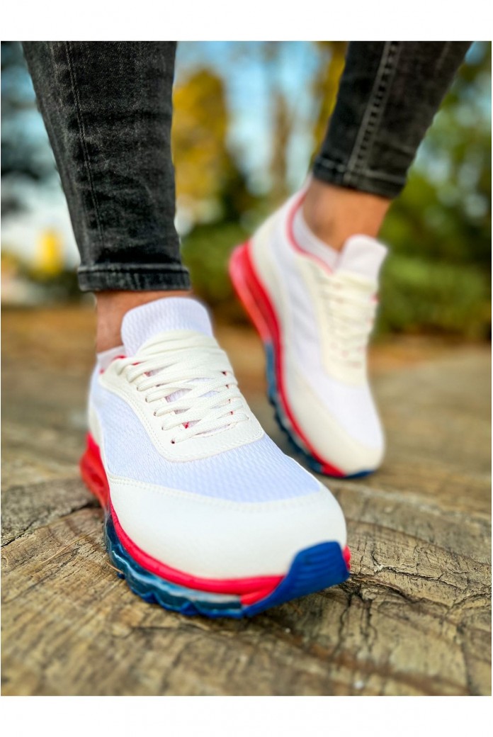 CH181 İpekyol Erkek Günlük Bağcıklı Cilt Triko Spor Sneaker Ayakkabı CTRT - Beyaz/Kırmızı