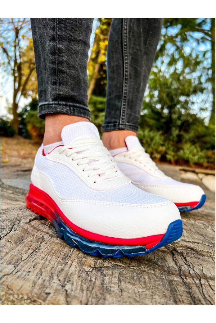CH181 İpekyol Erkek Günlük Bağcıklı Cilt Triko Spor Sneaker Ayakkabı CTRT - Beyaz/Kırmızı