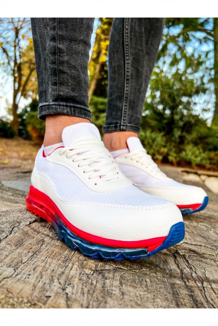 CH181 İpekyol Erkek Günlük Bağcıklı Cilt Triko Spor Sneaker Ayakkabı CTRT - Beyaz/Kırmızı