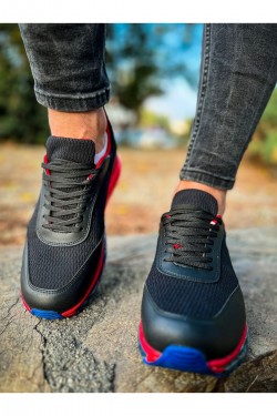 CH181 İpekyol Erkek Günlük Bağcıklı Cilt Triko Spor Sneaker Ayakkabı CTRT - Siyah/Kırmızı