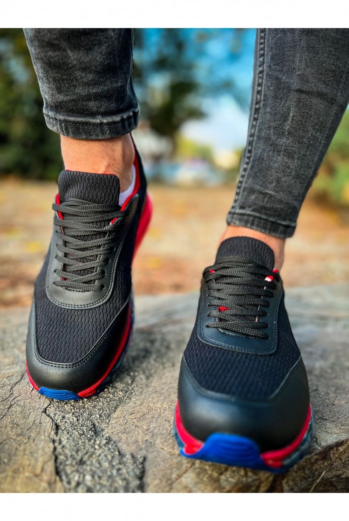 CH181 İpekyol Erkek Günlük Bağcıklı Cilt Triko Spor Sneaker Ayakkabı CTRT - Siyah/Kırmızı