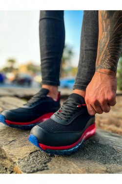 CH181 İpekyol Erkek Günlük Bağcıklı Cilt Triko Spor Sneaker Ayakkabı CTRT - Siyah/Kırmızı
