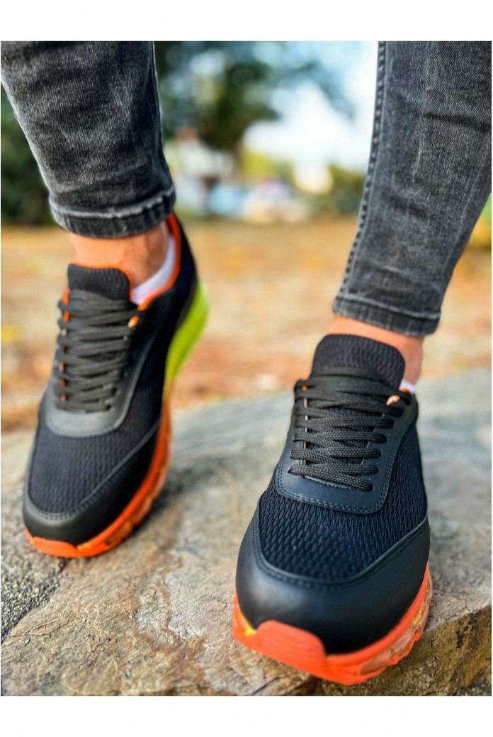CH181 İpekyol Erkek Günlük Bağcıklı Cilt Triko Spor Sneaker Ayakkabı CTRT - Siyah/Turuncu