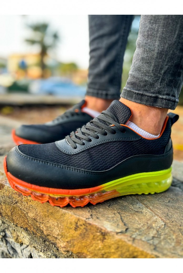 CH181 İpekyol Erkek Günlük Bağcıklı Cilt Triko Spor Sneaker Ayakkabı CTRT - Siyah/Turuncu