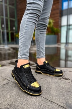 CH183 Jet Setter Mirror Erkek Günlük Bağcıklı Cilt Spor Sneaker Ayakkabı CST - Siyah/Gold