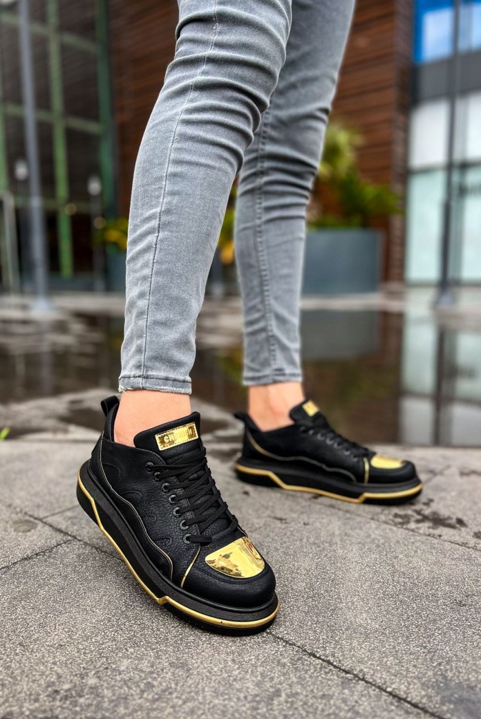 CH183 Jet Setter Mirror Erkek Günlük Bağcıklı Cilt Spor Sneaker Ayakkabı CST - Siyah/Gold