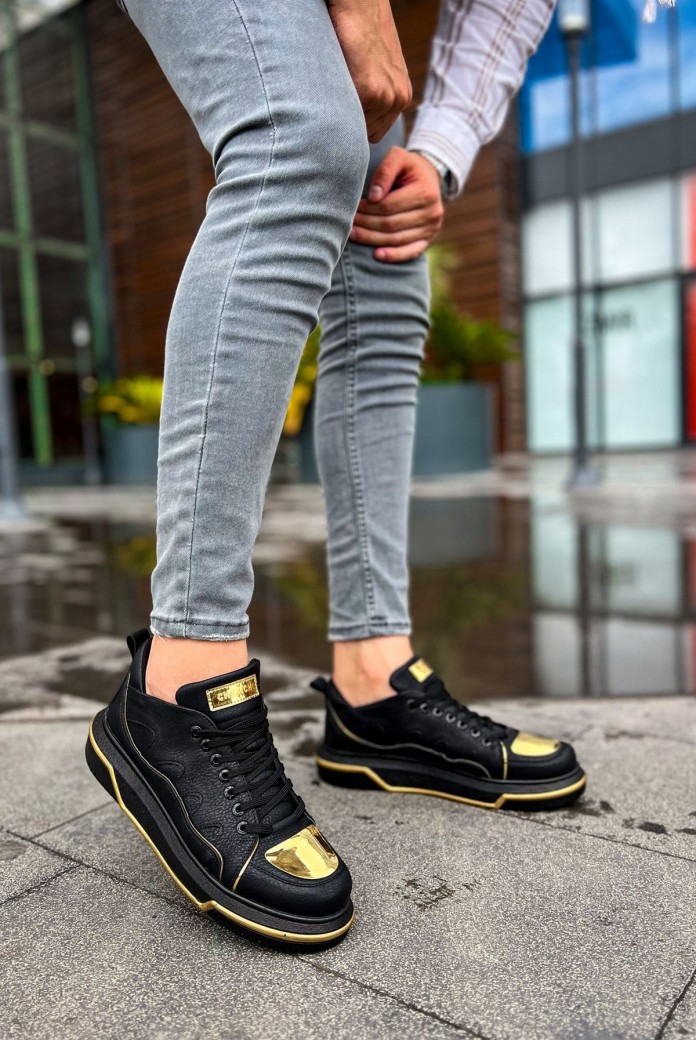 CH183 Jet Setter Mirror Erkek Günlük Bağcıklı Cilt Spor Sneaker Ayakkabı CST - Siyah/Gold