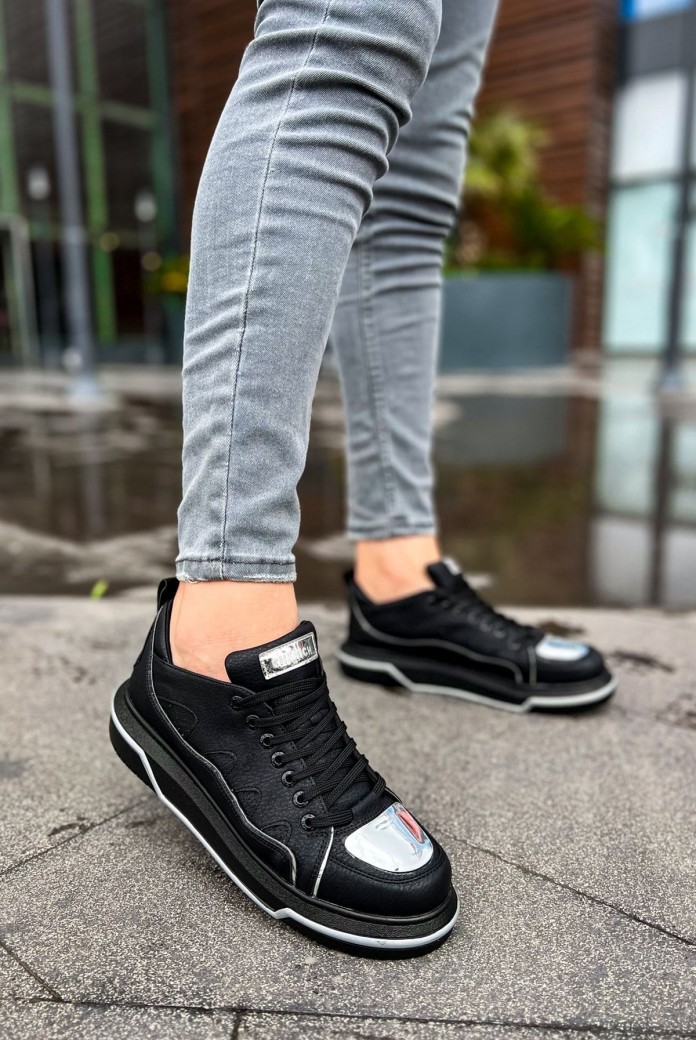 CH183 Jet Setter Mirror Erkek Günlük Bağcıklı Cilt Spor Sneaker Ayakkabı CST - Siyah/Silver