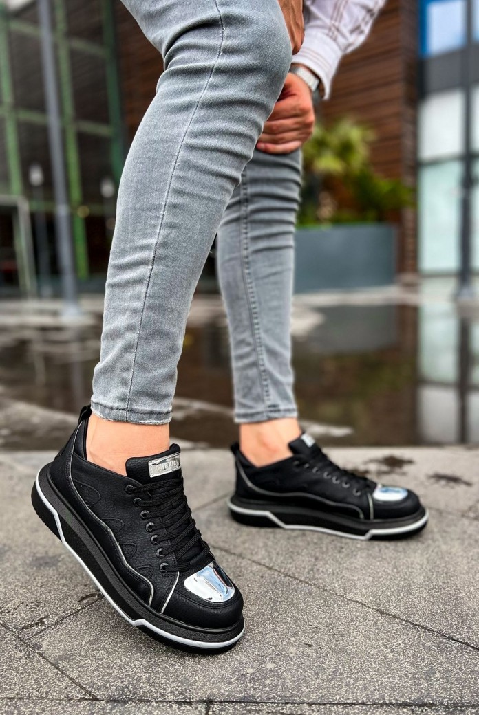 CH183 Jet Setter Mirror Erkek Günlük Bağcıklı Cilt Spor Sneaker Ayakkabı CST - Siyah/Silver