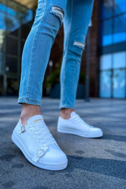 CH191 Side Buckle Erkek Günlük Bağcıklı Cilt Spor Sneaker Ayakkabı CBT - Beyaz