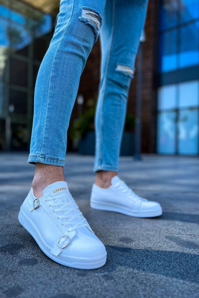 CH191 Side Buckle Erkek Günlük Bağcıklı Cilt Spor Sneaker Ayakkabı CBT - Beyaz