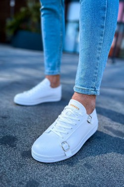 CH191 Side Buckle Erkek Günlük Bağcıklı Cilt Spor Sneaker Ayakkabı CBT - Beyaz