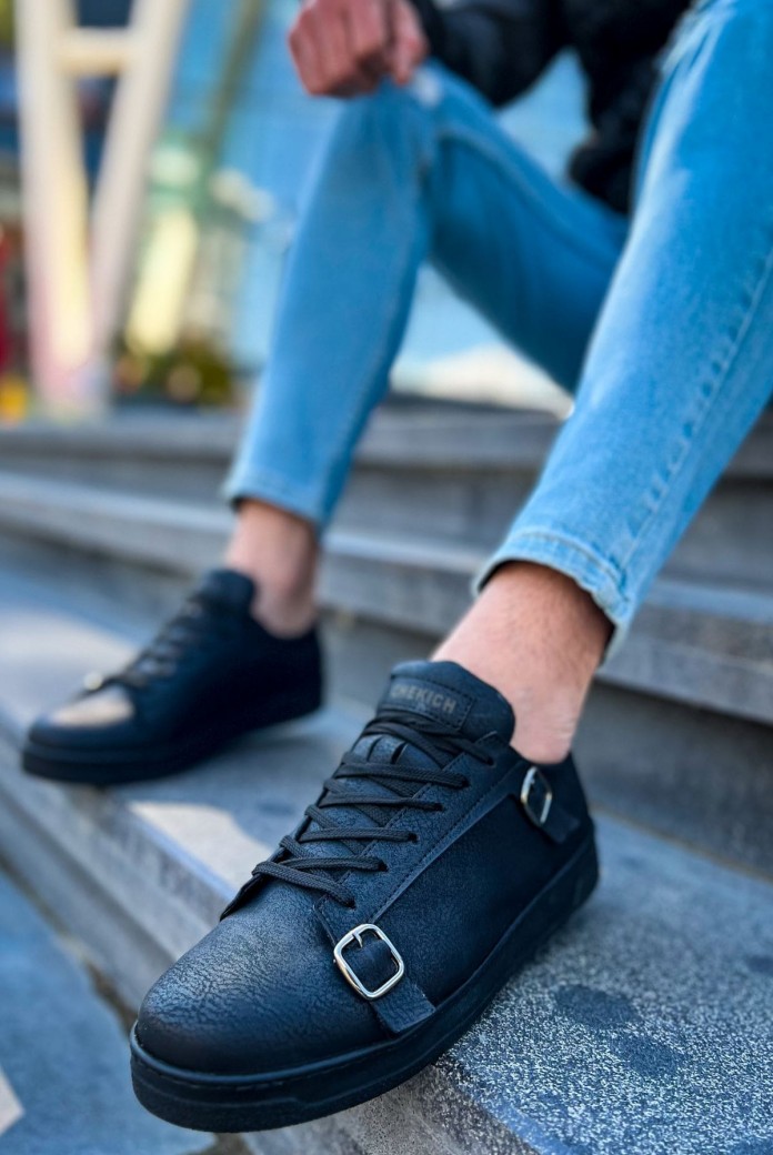 CH191 Side Buckle Erkek Günlük Bağcıklı Cilt Spor Sneaker Ayakkabı CST - Siyah