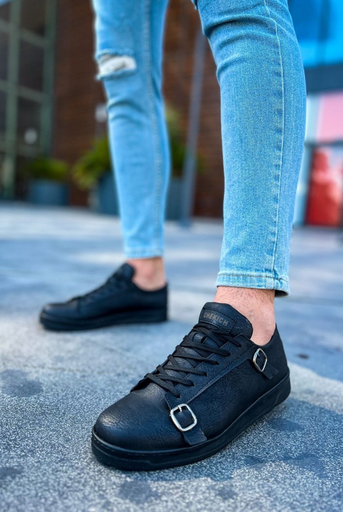 CH191 Side Buckle Erkek Günlük Bağcıklı Cilt Spor Sneaker Ayakkabı CST - Siyah