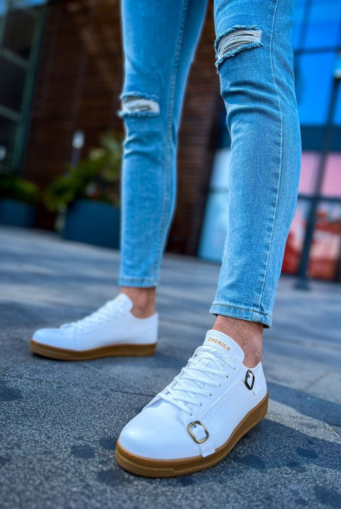 CH191 Side Buckle Erkek Günlük Bağcıklı Krep Taban Cilt Spor Sneaker Ayakkabı CKT - Beyaz