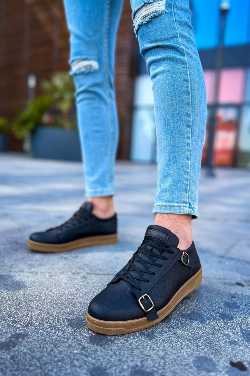 CH191 Side Buckle Erkek Günlük Bağcıklı Krep Taban Cilt Spor Sneaker Ayakkabı CKT - Siyah