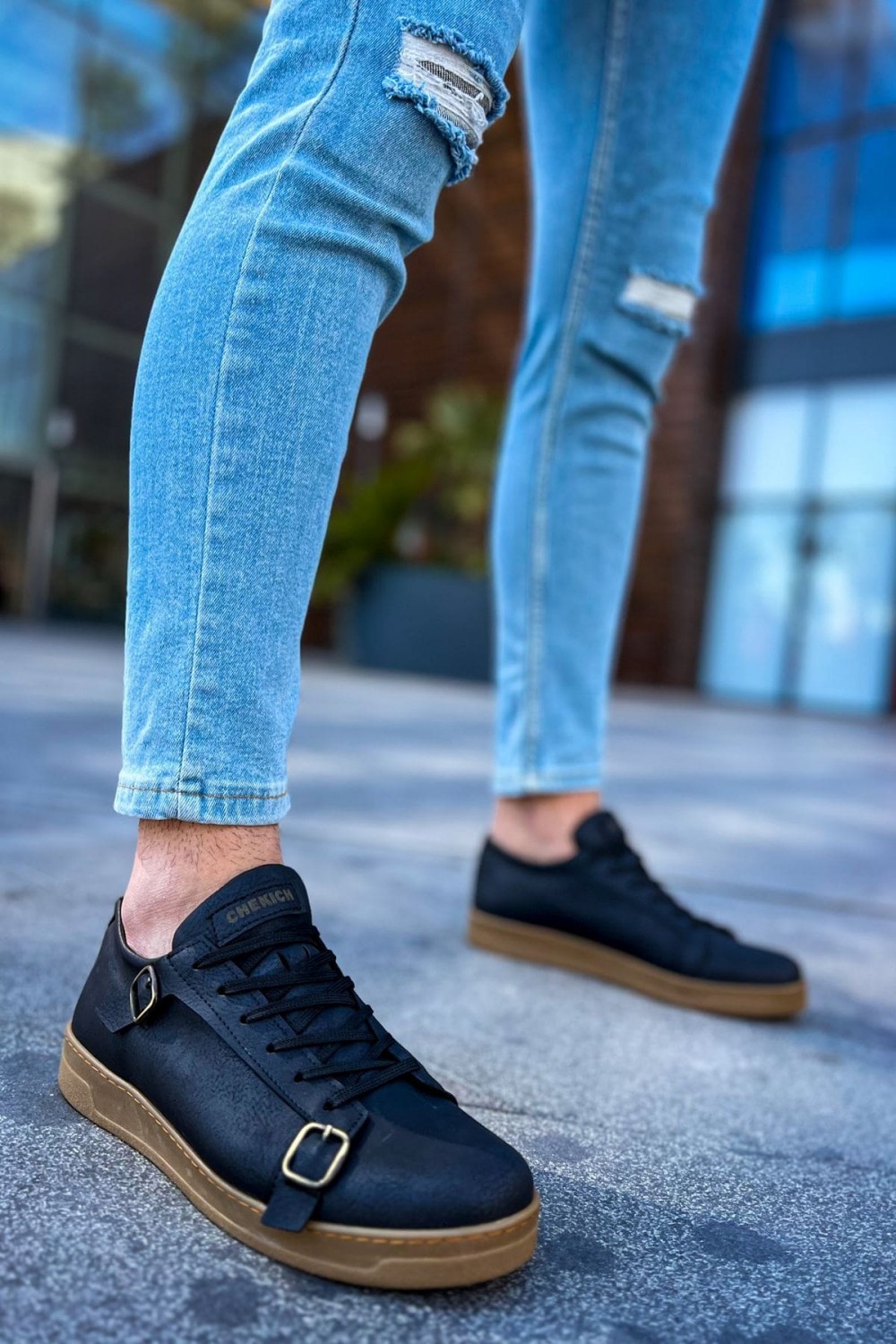 CH191 Side Buckle Erkek Günlük Bağcıklı Krep Taban Cilt Spor Sneaker Ayakkabı CKT - Siyah