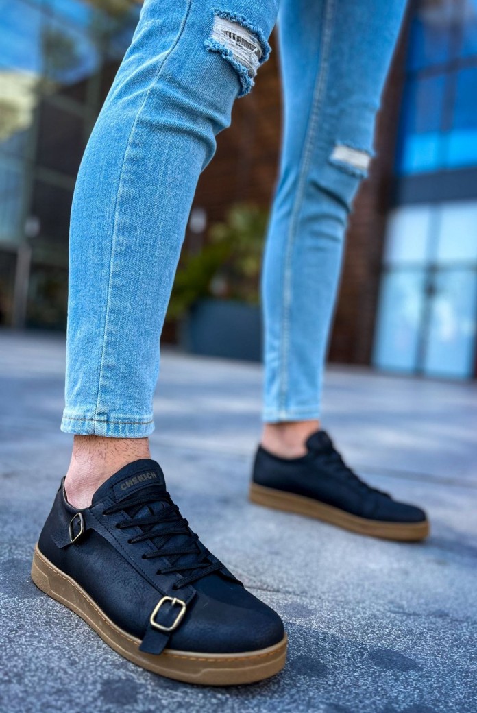 CH191 Side Buckle Erkek Günlük Bağcıklı Krep Taban Cilt Spor Sneaker Ayakkabı CKT - Siyah