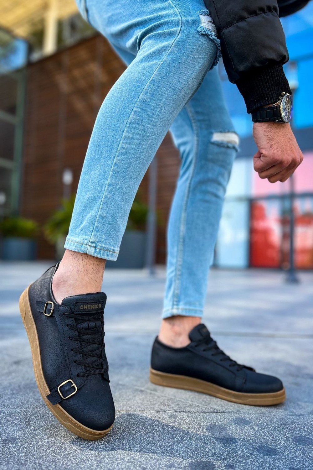 CH191 Side Buckle Erkek Günlük Bağcıklı Krep Taban Cilt Spor Sneaker Ayakkabı CKT - Siyah
