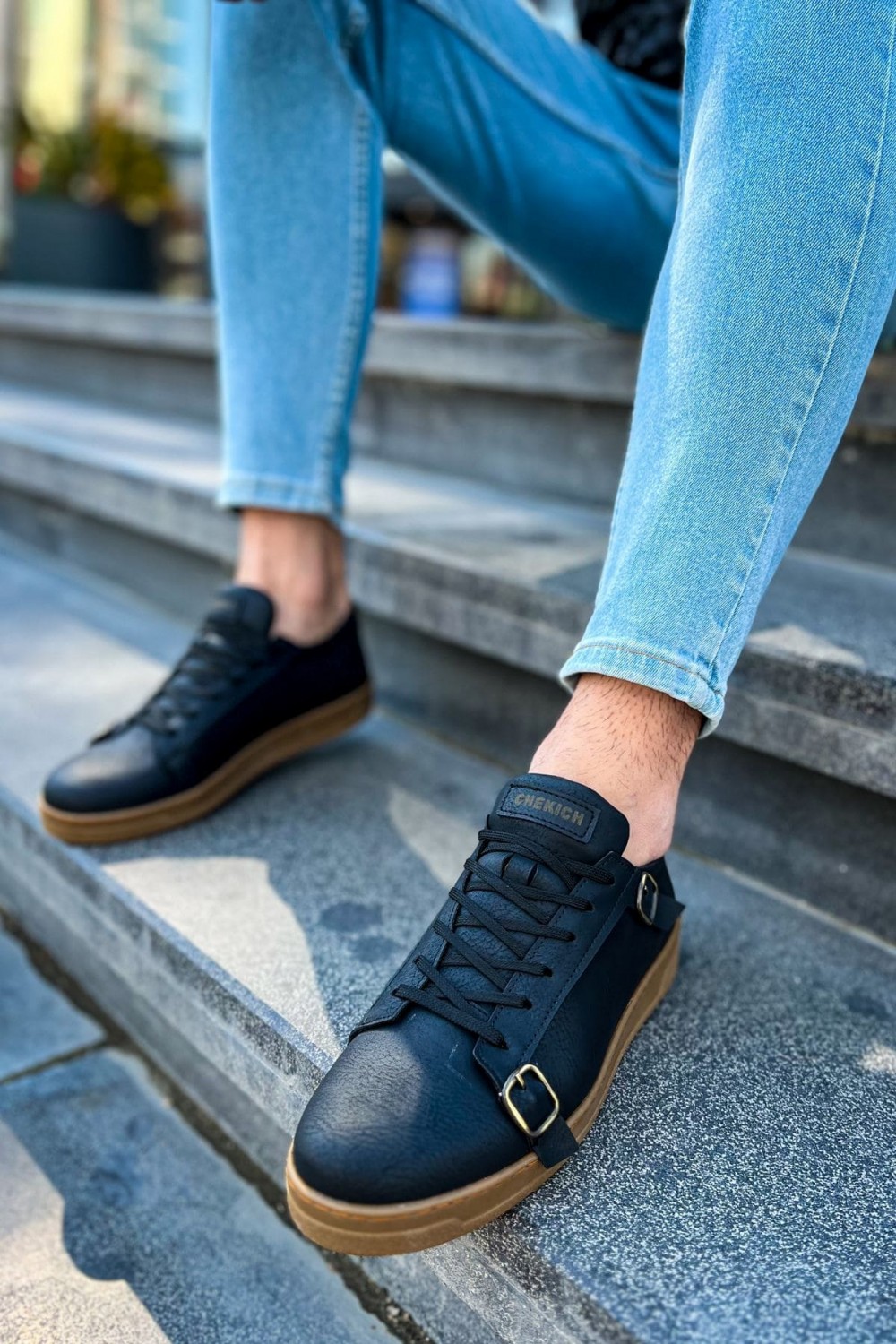 CH191 Side Buckle Erkek Günlük Bağcıklı Krep Taban Cilt Spor Sneaker Ayakkabı CKT - Siyah