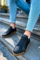 CH191 Side Buckle Erkek Günlük Bağcıklı Krep Taban Cilt Spor Sneaker Ayakkabı CKT - Siyah