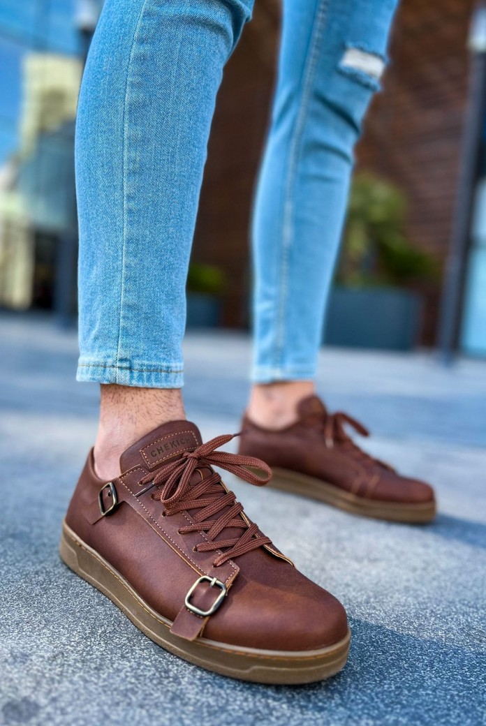 CH191 Side Buckle Erkek Günlük Bağcıklı Krep Taban Cilt Spor Sneaker Ayakkabı CKT - Taba