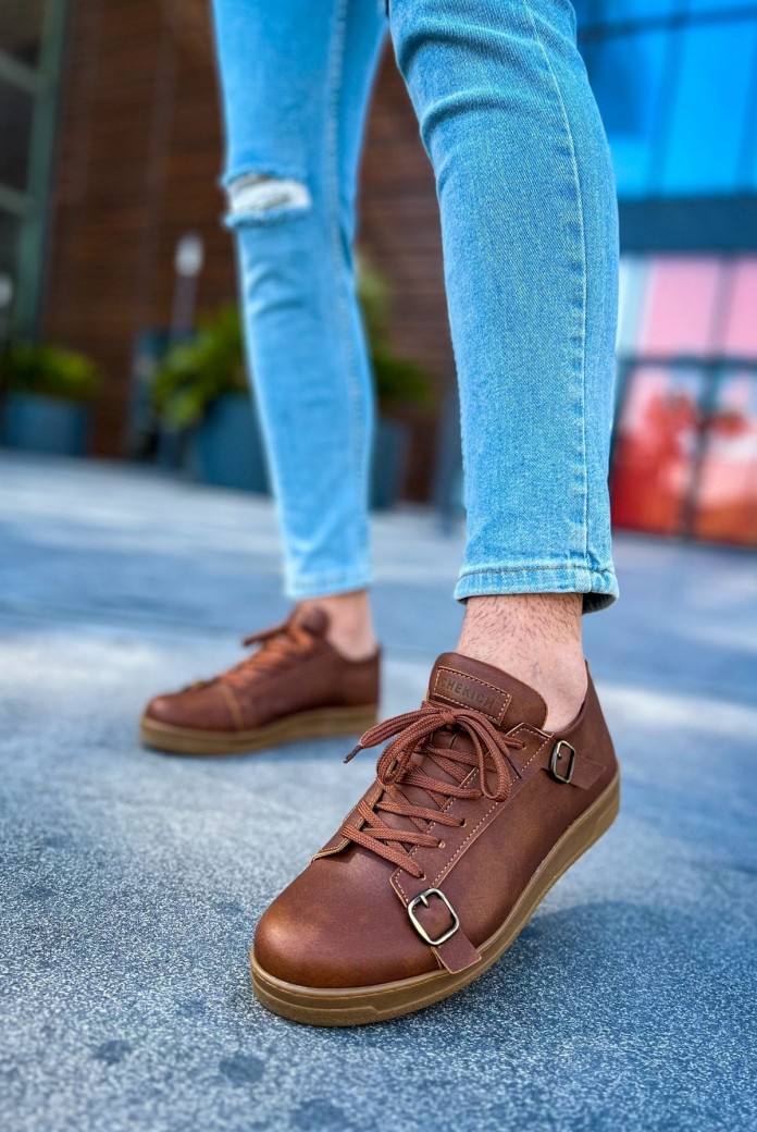 CH191 Side Buckle Erkek Günlük Bağcıklı Krep Taban Cilt Spor Sneaker Ayakkabı CKT - Taba