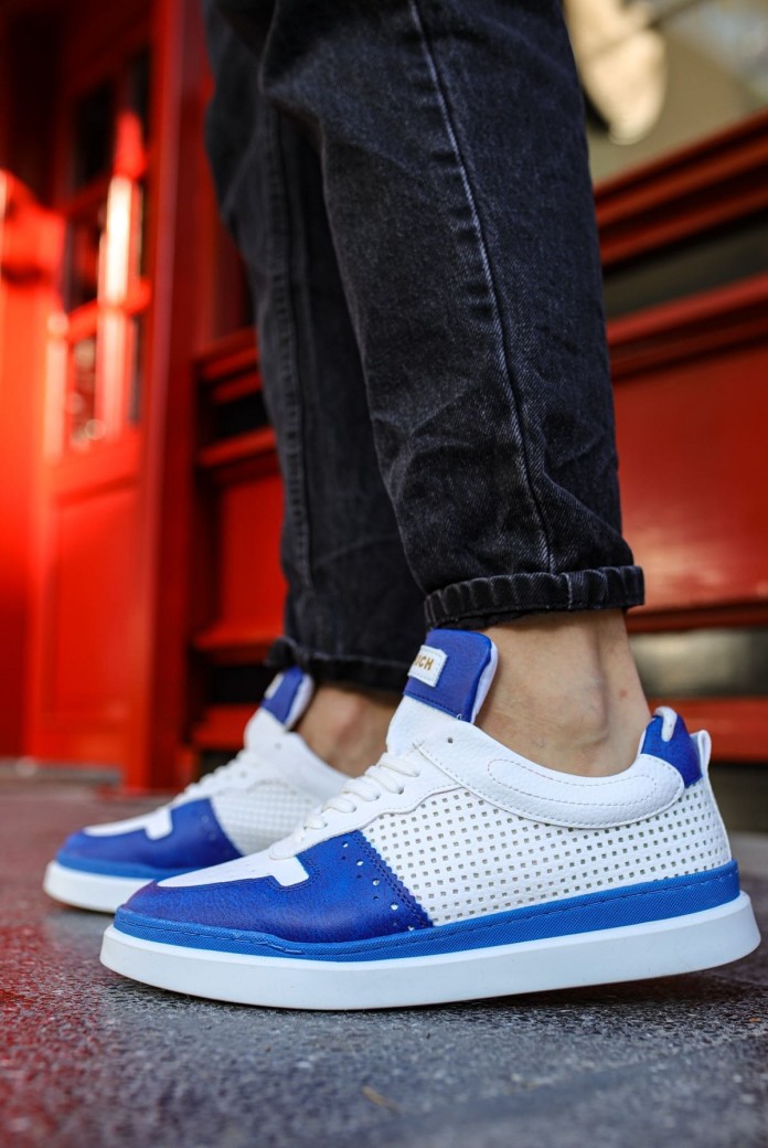 CH201 Hercules Erkek Günlük Bağcıklı Cilt Spor Sneaker Ayakkabı CBT - Beyaz/Mavi