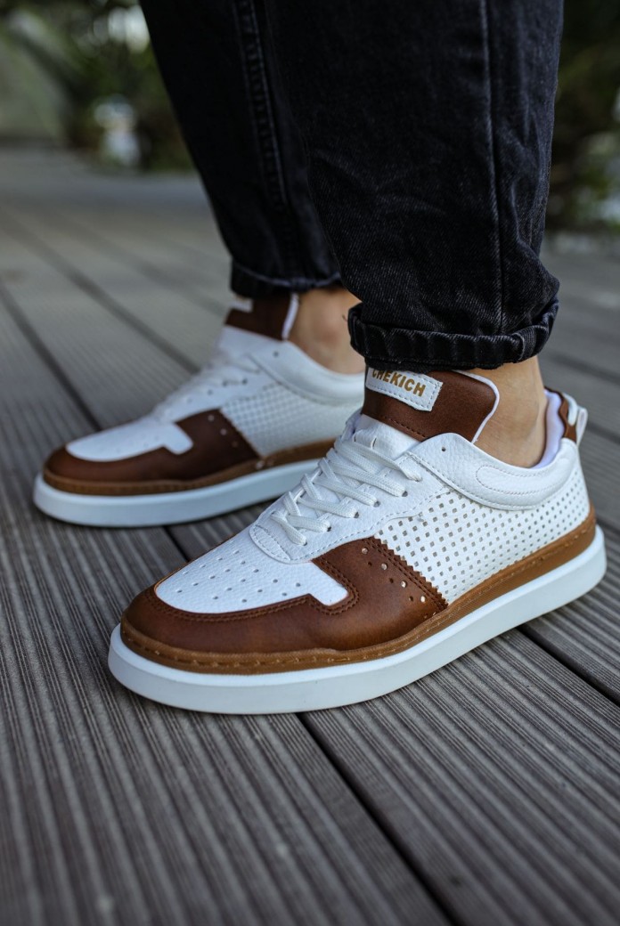CH201 Hercules Erkek Günlük Bağcıklı Cilt Spor Sneaker Ayakkabı CBT - Beyaz/Taba